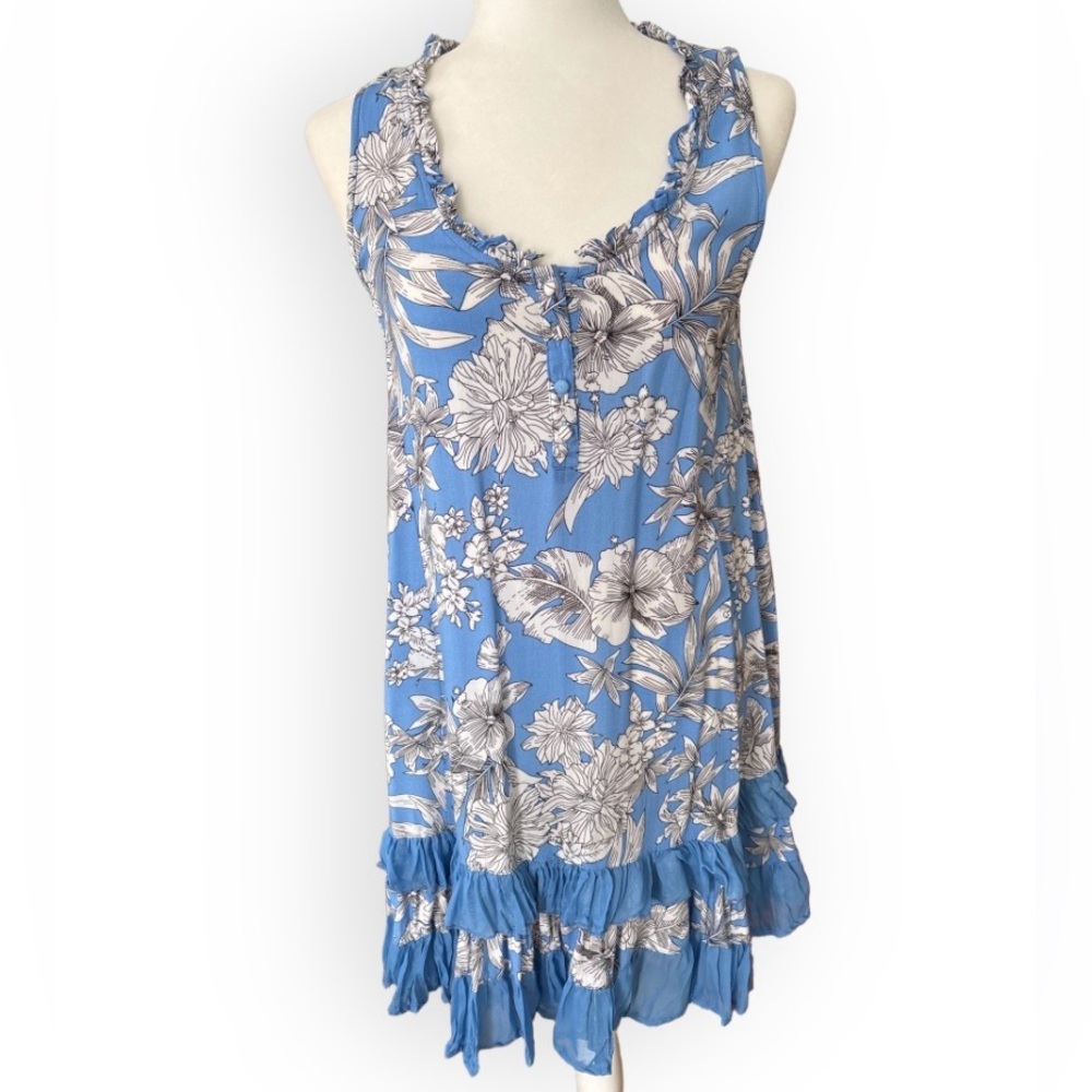 Papillon Floral Ruffle Hem Dress with Henley Neckline SZ XS Boho Tropical Vacay
